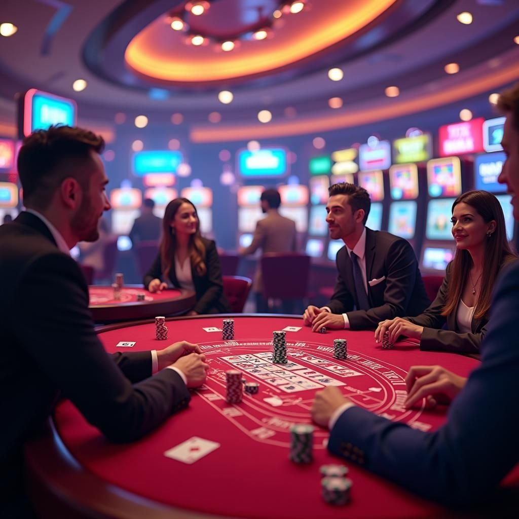 Ilustrasi permainan slot online dengan gulungan warna-warni di layar